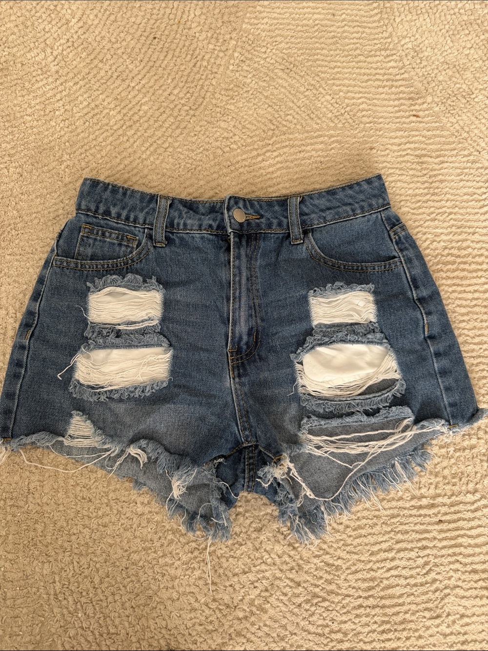 SHEIN Blue Distressed High-Waist Ripped Denim Shorts